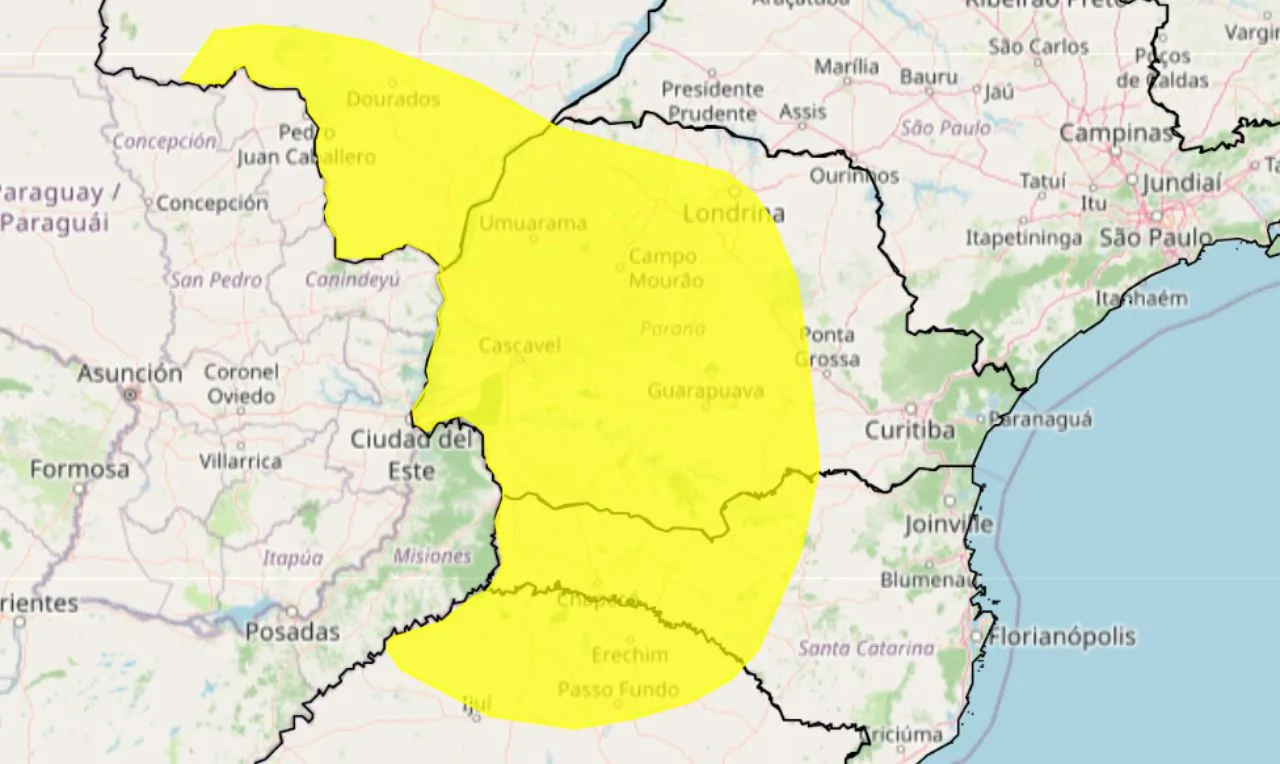 O mapa mostra as &aacute;reas em alerta para chuva intensa